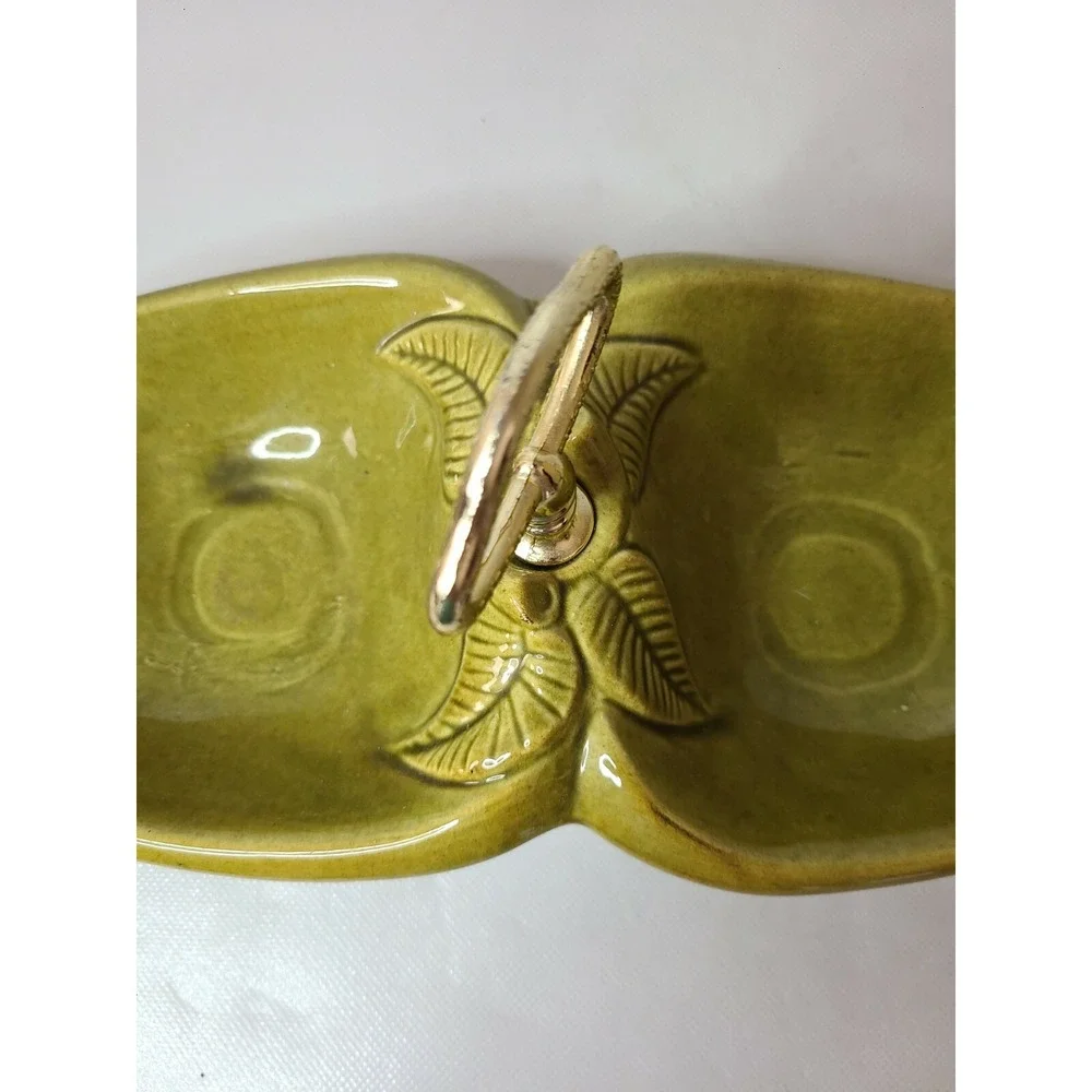 Vintage California Pottery Two Compartment Green Apple Serving Dish With Handle